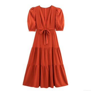 Women's Elegant V-Neck Short Sleeve Maxi Dress With Bow Tie Waist Tiered Cake Skirt Polyester Solid Color Long Dresses For Party Vacation