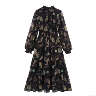 Women Retro Floral Chiffon Maxi Dress Smocked Waist Ruffle Stand Collar Elegant Long Sleeve Tiered Cake Dress For Party Daily Casual