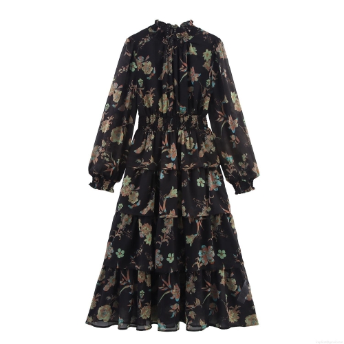 Women Retro Floral Chiffon Maxi Dress Smocked Waist Ruffle Stand Collar Elegant Long Sleeve Tiered Cake Dress For Party Daily Casual