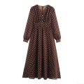 Vintage Elegant Polka Dot Chiffon Maxi Dress Women V-Neck Long Sleeve High Waist Polyester Long Dress With Invisible Zipper And Pearl Button For Casual Office Dating Lady