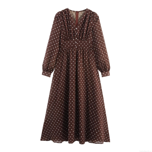 Vintage Elegant Polka Dot Chiffon Maxi Dress Women V-Neck Long Sleeve High Waist Polyester Long Dress With Invisible Zipper And Pearl Button For Casual Office Dating Lady