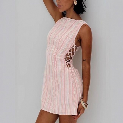 Women Sexy Sleeveless Mini Dress Pink White Striped Bodycon Dress With Lace-up Side Hollow Out Detail Slim Fit Sleeveless Sundress For Women Summer Party Casual Wear