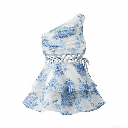 Women's Floral Print One Shoulder Mini Dress Polyester Ruffle Tiered Summer Beach Party Sexy Hollow Out Tie Waist Sleeveless Dress