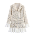 Women Elegant Sequin Tweed Blazer Dress White Pleated Chiffon Patchwork Long Sleeve Single Breasted Socialite Style Mini Dress For Party Banquet