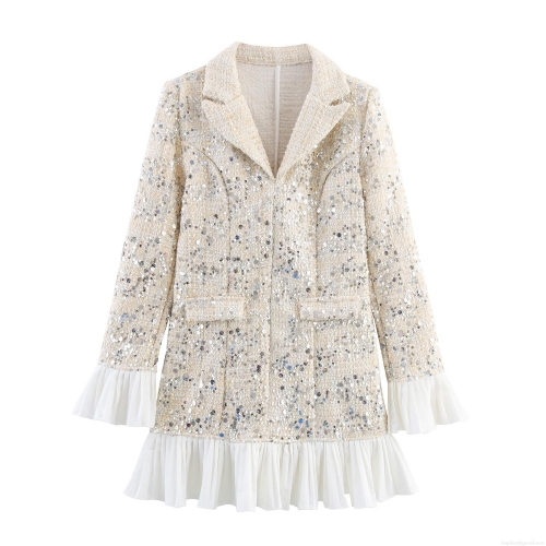 Women Elegant Sequin Tweed Blazer Dress White Pleated Chiffon Patchwork Long Sleeve Single Breasted Socialite Style Mini Dress For Party Banquet