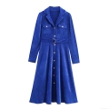 French Vintage Royal Blue Chenille Maxi Dress Women Long Sleeve Suit Collar Button Down Dress With Belt Elegant A-Line Commuter Office Party Dress