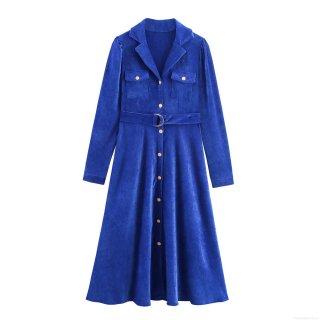French Vintage Royal Blue Chenille Maxi Dress Women Long Sleeve Suit Collar Button Down Dress With Belt Elegant A-Line Commuter Office Party Dress