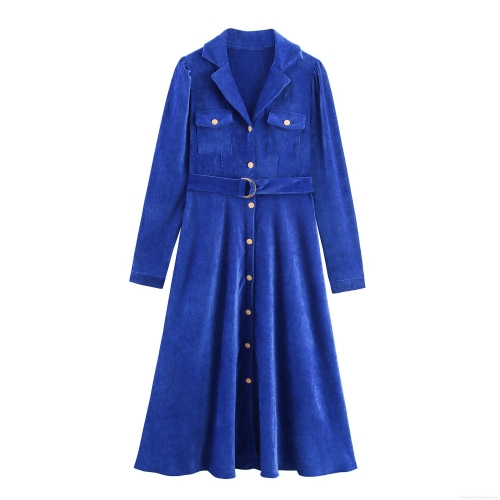 French Vintage Royal Blue Chenille Maxi Dress Women Long Sleeve Suit Collar Button Down Dress With Belt Elegant A-Line Commuter Office Party Dress