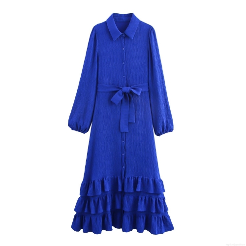 Elegant Klein Blue Ruffle Tiered Hem Shirt Maxi Dress For Women Long Sleeve Lapel Collar Tie Waist Pleated Crinkle Texture Office Lady Party Dress
