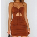 Women Sexy Halter Neck Hollow Out Bodycon Mini Dress Ruched Side Drawstring Backless Polyester Dress for Party Club Nightwear Rust Brown