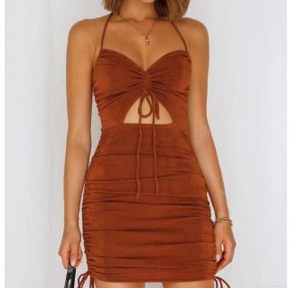 Women Sexy Halter Neck Hollow Out Bodycon Mini Dress Ruched Side Drawstring Backless Polyester Dress for Party Club Nightwear Rust Brown