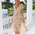 Women's Elegant Floral Chiffon V-Neck Dress High Waist Lace-Up Puff Short Sleeve A-Line Midi Dress for Summer Vacation Party