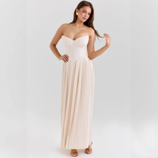 Elegant Strapless Pleated Maxi Dress Polyester Corset Bodycon Floor Length Evening Party Cocktail Gown For Women Formal Night Out