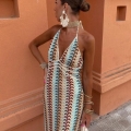 Bohemian Women Halter Knit Maxi Dress Colorful Zigzag Stripe Backless V-Neck Crochet Dress Sexy Hollow Slim Fit Beach Vacation Long Dress