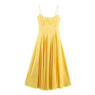 Elegant Women's Satin Spaghetti Strap Maxi Dress Solid Color High Waist Pleated A-Line Long Dress For Party Wedding Summer Sleeveless Evening Gown