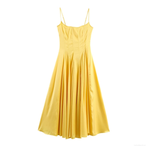 Elegant Women's Satin Spaghetti Strap Maxi Dress Solid Color High Waist Pleated A-Line Long Dress For Party Wedding Summer Sleeveless Evening Gown