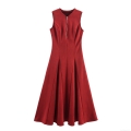 Women's Sleeveless Round Neck Maxi Dress Zipper Front High Waist A-Line Swing Party Dress Elegant Suede-Like Polyester Commute Gown For Ladies