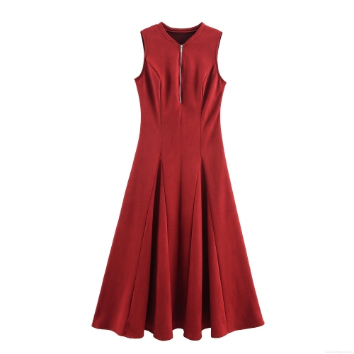 Women's Sleeveless Round Neck Maxi Dress Zipper Front High Waist A-Line Swing Party Dress Elegant Suede-Like Polyester Commute Gown For Ladies