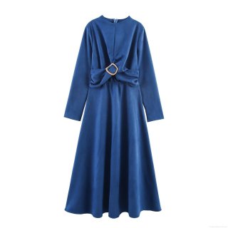 Elegant Women Faux Suede Maxi Dress Long Sleeve Round Neck With Golden Buckle Twist Front Solid Color Slim Waist A-Line Long Gown For Evening Party Office Lady
