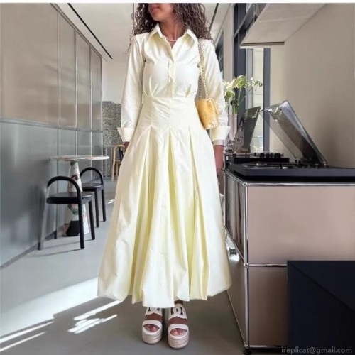Elegant Women's Long Sleeve Shirt Maxi Dress Solid Color High Waist Ruched Pleated Intellectual Commuter A-Line Polyester Dress for Office Daily Wear