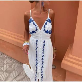 Bohemian Women White Slip Maxi Dress With Blue Floral Embroidery V-Neck Button Front Open Back High Waist Split Summer Beach Vacation Long Dress