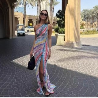 Women's Sexy One Shoulder Maxi Dress Colorful Zigzag Chevron Knit Pattern Backless Cut Out High Slit Beach Resort Party Long Dress