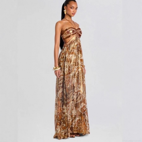 Women's Bohemian Halter Maxi Dress Sexy Backless Cut-out Waist Paisley Print Polyester Satin Sleeveless Long Dress For Summer Beach Vacation Party Resort Fashion