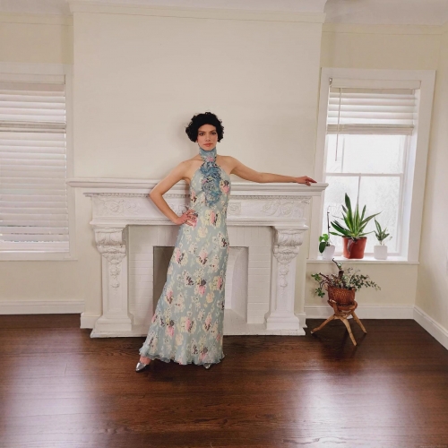 Women's Maxi Dress French Vintage Floral Halter Neck Sleeveless Ruffle High Waist Chiffon Flowy Long Dress Summer Party Vacation Elegant Sundress