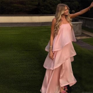 Women Pink Tiered Maxi Dress Sweet Spaghetti Strap Ruffle Layered Cake Skirt Satin Feel Polyester Long Dress For Summer Vacation Party Ladies