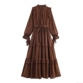 French Romantic Chiffon Polyester Ruffle Tiered Maxi Dress Elegant Long Sleeve Waist Tie Solid Color Retro Women's Long Dress For Party Banquet Dating
