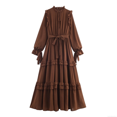French Romantic Chiffon Polyester Ruffle Tiered Maxi Dress Elegant Long Sleeve Waist Tie Solid Color Retro Women's Long Dress For Party Banquet Dating