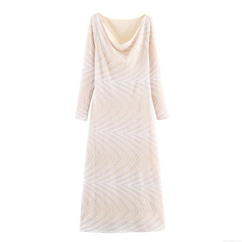 Women Sexy Cowl Neck Sequin Maxi Dress Elegant Slim Fit Long Sleeve Mesh Wave Embroidery Evening Gown For Banquet Party Wedding Guest