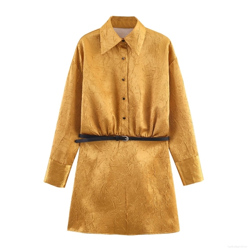 Women Elegant Golden Crinkled Satin Shirt Dress Fashion Long Sleeve High Waist Bodycon Mini Dress With Black Belt For Women Office Party Wear