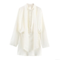 Elegant Ivory White Satin Texture Mini Dress Scarf Ribbon Neckline Long Sleeve High Waist Bodycon Short Dress For Women Party Club Night Out Celebration
