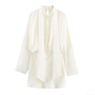 Elegant Ivory White Satin Texture Mini Dress Scarf Ribbon Neckline Long Sleeve High Waist Bodycon Short Dress For Women Party Club Night Out Celebration