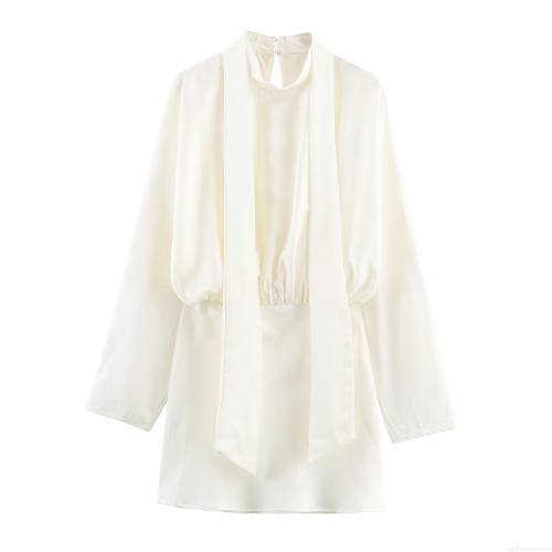 Elegant Ivory White Satin Texture Mini Dress Scarf Ribbon Neckline Long Sleeve High Waist Bodycon Short Dress For Women Party Club Night Out Celebration