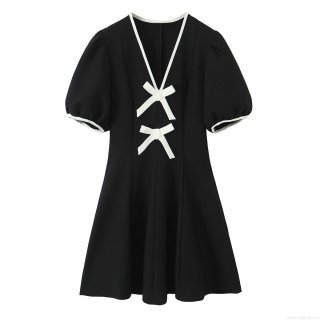 Women French Vintage Black Mini Dress White Bow Tie Color Contrast V Neck Puff Sleeve Slim Fit A-Line Short Sleeve Party Dress For Dating