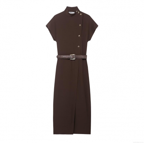 Women's Elegant Solid Color Mock Neck Short Sleeve Maxi Dress With Snake Print Belt Asymmetrical Gold Buttons Polyester Commuter Straight Long Dress