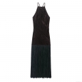 Women's Sexy Backless Velvet Fringe Maxi Dress Halter Neck Slim Fit Elegant Luxurious Tassel High Waist Bodycon Evening Party Banquet Long Dress