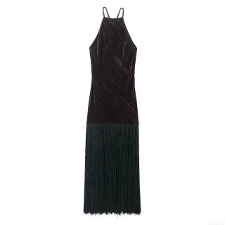 Women's Sexy Backless Velvet Fringe Maxi Dress Halter Neck Slim Fit Elegant Luxurious Tassel High Waist Bodycon Evening Party Banquet Long Dress