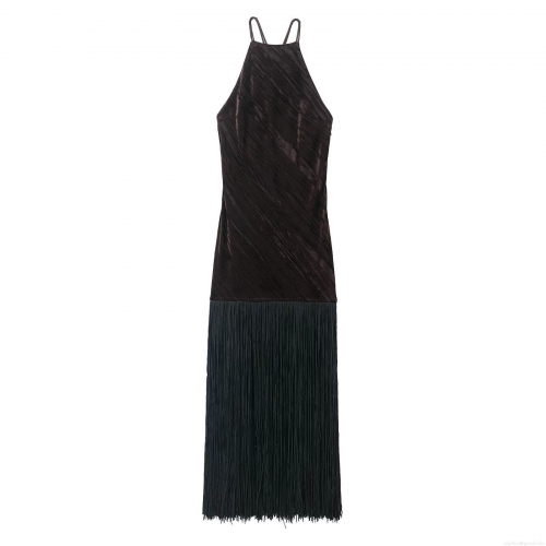 Women's Sexy Backless Velvet Fringe Maxi Dress Halter Neck Slim Fit Elegant Luxurious Tassel High Waist Bodycon Evening Party Banquet Long Dress