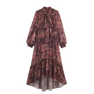 Women's Bohemian Chiffon Paisley Maxi Dress Tie Neck Long Sleeve High Waist Irregular Ruffled Hem Flowy Elegant Beach Vacation Dress