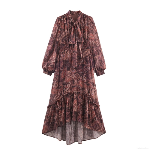Women's Bohemian Chiffon Paisley Maxi Dress Tie Neck Long Sleeve High Waist Irregular Ruffled Hem Flowy Elegant Beach Vacation Dress