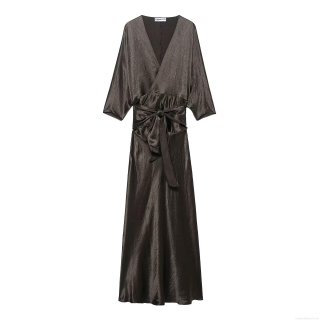 Women Elegant Satin Maxi Dress V Neck Pleated Short Batwing Sleeve With Belt Tie Waist Slim Fit Silk Like Evening Party Formal Dress