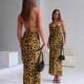 Women Sexy Leopard Print Spaghetti Strap Backless Maxi Dress Stretchy Polyester Bodycon Party Dress With Cross Tie Back Detail