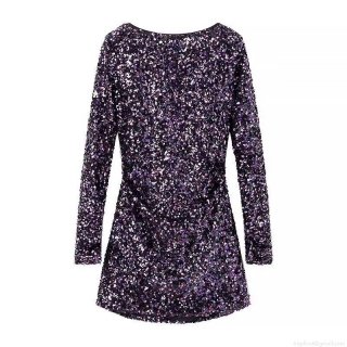 Women's Sexy Backless Sequin Mini Dress Long Sleeve Round Neck Sparkling Deep Purple Polyester Party Evening Banquet Dress