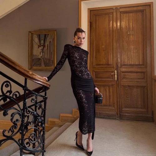 Sexy Black Lace Long Sleeve Maxi Dress Transparent Floral Patchwork Slim Fit Bodycon Evening Party Midi Dress For Women Clubwear