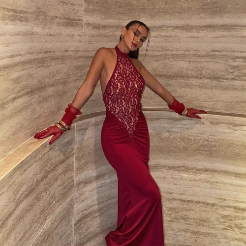Women Sexy Halterneck Backless Lace Patchwork Maxi Dress With Gloves Polyester Spandex Slim Fit Bodycon Long Evening Party Dress