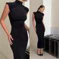 Women's Elegant Bodycon Maxi Dress French Style Sleeveless High Neck Pleated Shoulder Solid Black Long Dress For Office Party