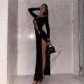 Sexy Black Cutout Maxi Dress With Metal Ring Long Sleeve High Slit Slim Fit Off-Shoulder Polyester Spandex Bodycon Evening Party Gown For Women Elegant Night Club Wear